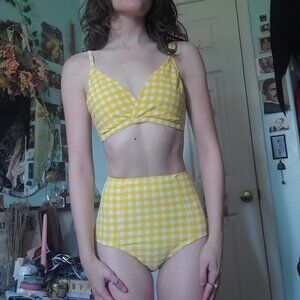 Yellow gingham 1950's inspired high waisted full coverage bikini